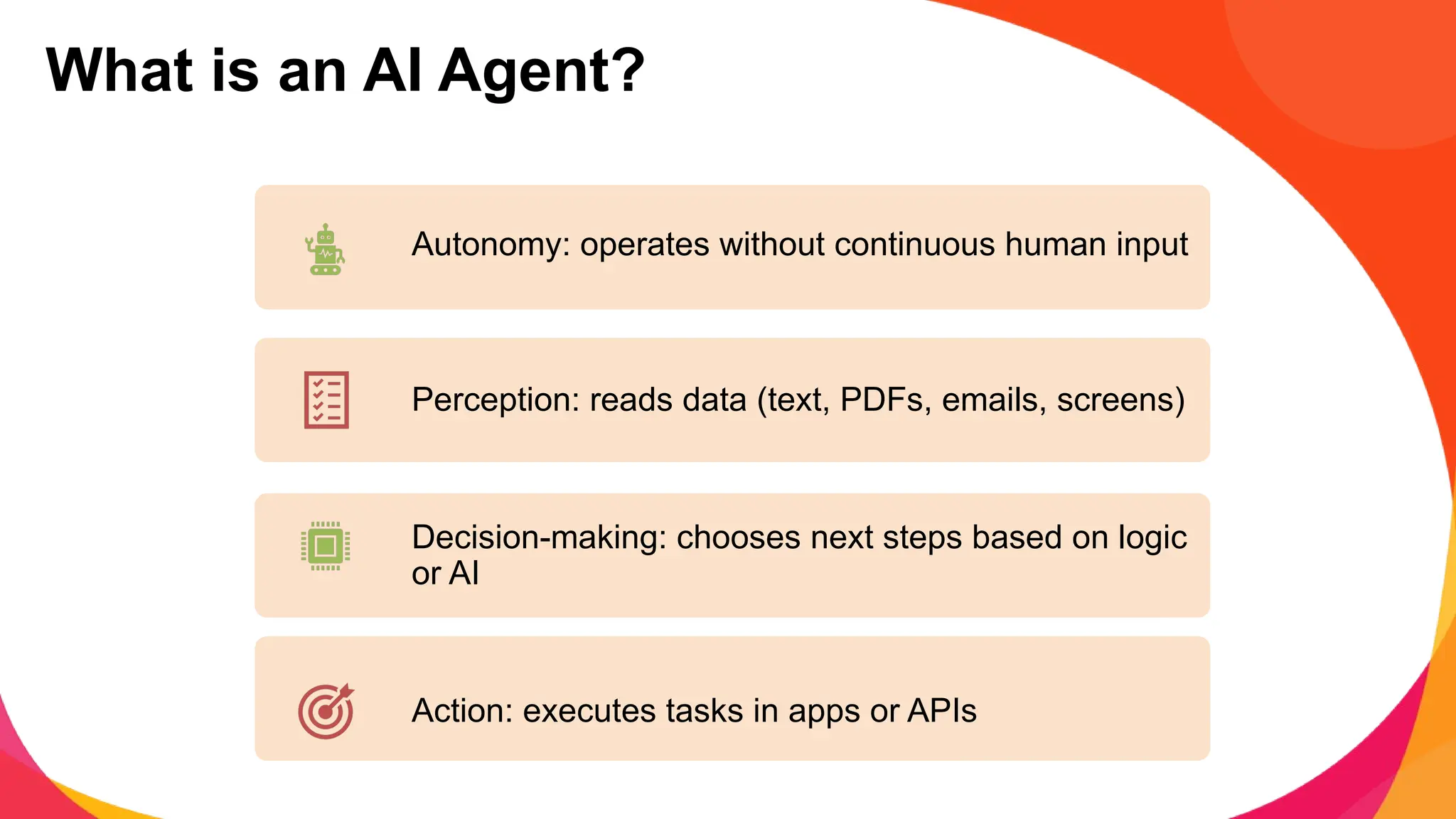 What is an AI Agent?
Autonomy: operates without continuous human input
Perception: reads data (text, PDFs, emails, screens)
Decision-making: chooses next steps based on logic
or AI
Action: executes tasks in apps or APIs
 