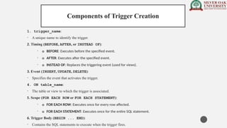 Components of Trigger Creation
1. trigger_name:
• A unique name to identify the trigger.
2. Timing (BEFORE, AFTER, or INSTEAD OF):
• o BEFORE: Executes before the specified event.
• o AFTER: Executes after the specified event.
• o INSTEAD OF: Replaces the triggering event (used for views).
3. Event (INSERT, UPDATE, DELETE):
• Specifies the event that activates the trigger.
4. ON table_name:
• The table or view to which the trigger is associated.
5. Scope (FOR EACH ROW or FOR EACH STATEMENT):
• o FOR EACH ROW: Executes once for every row affected.
• o FOR EACH STATEMENT: Executes once for the entire SQL statement.
6. Trigger Body (BEGIN ... END):
• Contains the SQL statements to execute when the trigger fires.
 