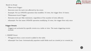 Based on Scope
• Row-Level Trigger:
• Executes once for each row affected by the event.
• Example: For an UPDATE operation that modifies 10 rows, the trigger fires 10 times.
• Statement-Level Trigger:
• Executes once per SQL statement, regardless of the number of rows affected.
• oExample: For the same UPDATE operation modifying 10 rows, the trigger fires only once.
Trigger Events
• Triggers are activated by specific events on a table or view. The main triggering events
include:
1. INSERT Event
• Triggered when a new record is added to the table.
• oExample Use Case: Automatically populate audit fields such as created_at or created_by.
 