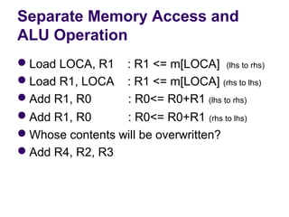 Separate Memory Access and
ALU Operation
Load LOCA, R1    : R1 <= m[LOCA]  (lhs to rhs)
Load R1, LOCA    : R1 <= m[LOCA] (rhs to lhs)
Add R1, R0           : R0<= R0+R1 (lhs to rhs)
Add R1, R0           : R0<= R0+R1 (rhs to lhs)
Whose contents will be overwritten?
Add R4, R2, R3
 
