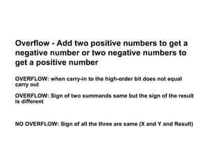 Overflow - Add two positive numbers to get a
negative number or two negative numbers to
get a positive number
OVERFLOW: when carry-in to the high-order bit does not equal
carry out

OVERFLOW: Sign of two summands same but the sign of the result
is different



NO OVERFLOW: Sign of all the three are same (X and Y and Result)
 