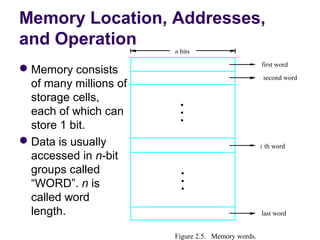 Memory Location, Addresses,
and Operation
                         n bits
                                                     first word
 Memory consists 
                                                      second word
  of many millions of 
  storage cells, 
                           •
  each of which can        •
                           •
  store 1 bit.
 Data is usually                                    i th word
  accessed in n-bit 
  groups called            •
  “WORD”. n is             •
                           •
  called word 
  length.                                            last word


                         Figure 2.5. Memory words.
 