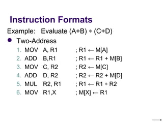 Instruction Formats
Example:   Evaluate (A+B) ∗ (C+D)
 Two-Address
  1.   MOV   A, R1    ; R1 ← M[A]
  2.   ADD   B,R1     ; R1 ← R1 + M[B]
  3.   MOV   C, R2    ; R2 ← M[C]
  4.   ADD   D, R2    ; R2 ← R2 + M[D]
  5.   MUL   R2, R1   ; R1 ← R1 ∗ R2
  6.   MOV   R1,X     ; M[X] ← R1
 