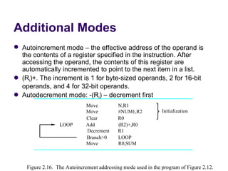 Additional Modes
 Autoincrement mode – the effective address of the operand is 
  the contents of a register specified in the instruction. After 
  accessing the operand, the contents of this register are 
  automatically incremented to point to the next item in a list.
 (Ri)+. The increment is 1 for byte-sized operands, 2 for 16-bit 
  operands, and 4 for 32-bit operands.
 Autodecrement mode: -(Ri) – decrement first
                              Move          N,R1
                              Move          #NUM1,R2           Initialization
                              Clear         R0
                  LOOP        Add           (R2)+,R0
                              Decrement     R1
                              Branch>0      LOOP
                              Move          R0,SUM



    Figure 2.16. The Autoincrement addressing mode used in the program of Figure 2.12.
 