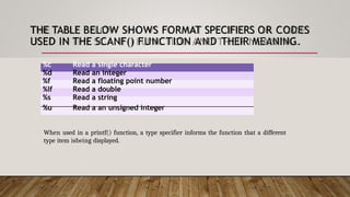 THE TABLE BELOW SHOWS FORMAT SPECIFIERS OR CODES
USED IN THE SCANF() FUNCTION AND THEIR MEANING.
%c Read a single character
%d Read an integer
%f Read a floating point number
%lf Read a double
%s Read a string
%u Read a an unsigned integer
When used in a printf() function, a type specifier informs the function that a different
type item isbeing displayed.
 