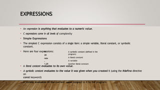 EXPRESSIONS
• An expression is anything that evaluates to a numeric value.
• C expressions come in all levels of complexity
• Simple Expressions
• The simplest C expression consists of a single item: a simple variable, literal constant, or symbolic
constant.
• Here are four expressions:
PI
20
rate
-
1.25
A symbolic constant (defined in the
program)
A literal constant
A variable
Another literal constant
• A literal constant evaluates to its own value.
• A symbolic constant evaluates to the value it was given when you created it (using the #define directive
on
const keyword)
• A variable evaluates to the current value assigned to it by the program.
 