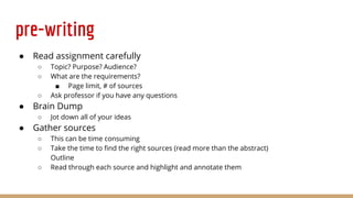 pre-writing
● Read assignment carefully
○ Topic? Purpose? Audience?
○ What are the requirements?
■ Page limit, # of sources
○ Ask professor if you have any questions
● Brain Dump
○ Jot down all of your ideas
● Gather sources
○ This can be time consuming
○ Take the time to find the right sources (read more than the abstract)
Outline
○ Read through each source and highlight and annotate them
 