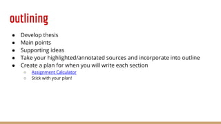outlining
● Develop thesis
● Main points
● Supporting ideas
● Take your highlighted/annotated sources and incorporate into outline
● Create a plan for when you will write each section
○ Assignment Calculator
○ Stick with your plan!
 