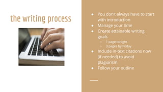 the writing process
● You don’t always have to start
with introduction
● Manage your time
● Create attainable writing
goals
○ 1 page tonight
○ 3 pages by Friday
● Include in-text citations now
(if needed) to avoid
plagiarism
● Follow your outline
 