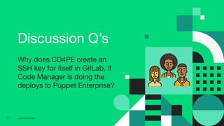 CD4PE WORKSHOP27
Discussion Q’s
Why does CD4PE create an
SSH key for itself in GitLab, if
Code Manager is doing the
deploys to Puppet Enterprise?
 