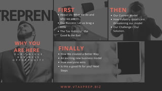 About Us: What we do and
who we are
Our Success: Let us brag a
little
The Tax Industry: the
Good & the Bad
W W W . V T A X P R E P . B I Z
THEN
How We created a Better Way
An exciting new business model
How everyone wins
Is this a good fit for you? Next
Steps
FINALLY
WHY YOU
ARE HERE
O U R U N I Q U E
B U S I N E S S
O P P O R T U N I T Y
FIRST
Our Current Model
How Industry issue's are
threatening our model
Our Challenge / Our
Solution.
 
