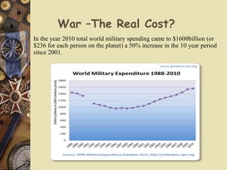 War –The Real Cost?
 In the year 2010 total world military spending came to $1600billion (or
$236 for each person on the planet) a 50% increase in the 10 year period
since 2001.
 