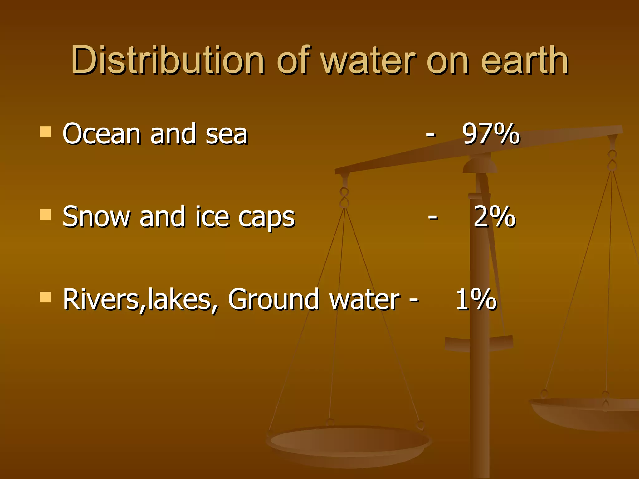 Distribution of water on earth Ocean and sea  -  97% Snow and ice caps  -  2% Rivers,lakes, Ground water -  1% 