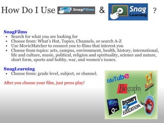 How Do I Use                   &                       ? SnagFilms Search for what you are looking for Choose from: What’s Hot, Topics, Channels, or search A-Z Use MovieMatcher to connect you to films that interest you Choose from topics: arts, campus, environment, health, history, international, life and culture, music, political, religion and spirituality, science and nature, short form, sports and hobby, war, and women’s issues. SnagLearning   Choose from: grade level, subject, or channel.      After you choose your film, just press play!  