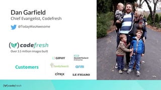 Dan Garfield
Chief Evangelist, Codefresh
Customers
Over 3.5 million images built
@TodayWasAwesome
 