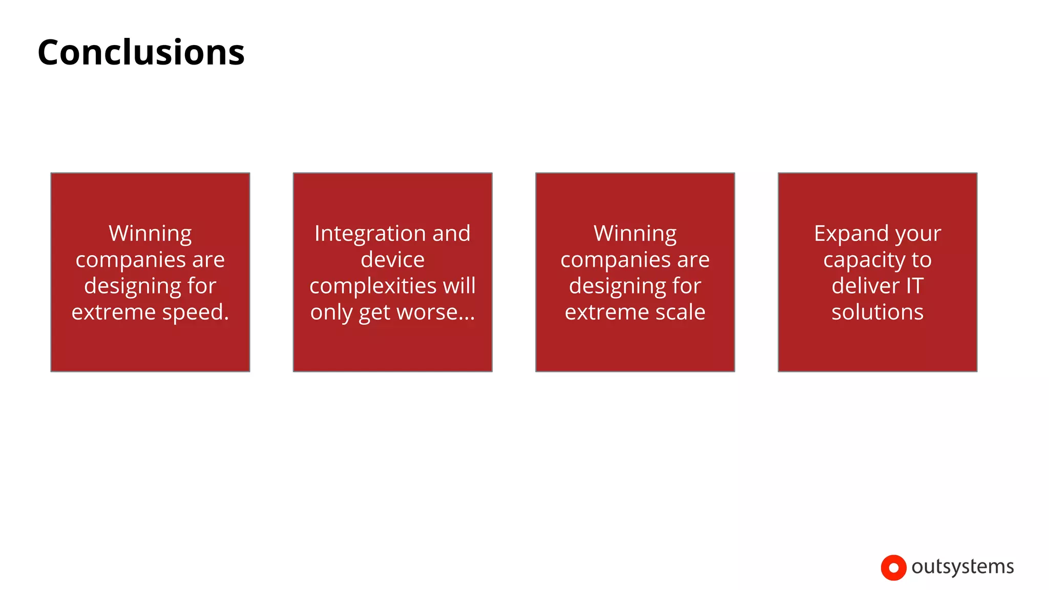 Conclusions
1 2 3 4
Winning
companies are
designing for
extreme speed.
Integration and
device
complexities will
only get worse...
Winning
companies are
designing for
extreme scale
Expand your
capacity to
deliver IT
solutions
Copyright © 2017 OutSystems. All Rights Reserved
 