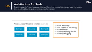 Architecture for Scale
This is the stage for “Proper Scalable architecture.” Focus is to create efficiencies and scale. You have to
think about load balancing, concurrency, availability and so on.
03
 