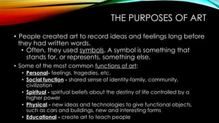 THE PURPOSES OF ART
• People created art to record ideas and feelings long before
they had written words.
• Often, they used symbols. A symbol is something that
stands for, or represents, something else.
• Some of the most common functions of art:
• Personal- feelings, tragedies, etc.
• Social function - shared sense of identity-family, community,
civilization
• Spiritual - spiritual beliefs about the destiny of life controlled by a
higher power
• Physical - new ideas and technologies to give functional objects,
such as cars and buildings, new and interesting forms
• Educational - create art to teach people
 
