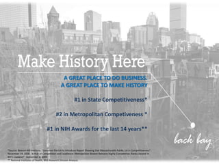 A GREAT PLACE TO DO BUSINESS.
                                               A GREAT PLACE TO MAKE HISTORY

                                                           #1 in State Competitiveness*

                                          #2 in Metropolitan Competiveness *

                                  #1 in NIH Awards for the last 14 years**


*Source: Beacon Hill Institute: “Governor Patrick to Introduce Report Showing that Massachusetts Ranks 1st in Competitiveness”.
November 19, 2008. “A Hub of Competition and Excellence: Metropolitan Boston Remains Highly Competitive; Ranks Second in
BHI’s Updated”. September 3, 2009
** National Institutes of Health, BRA Research Division Analysis
 
