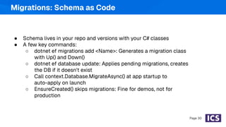 ● Schema lives in your repo and versions with your C# classes
● A few key commands:
○ dotnet ef migrations add <Name>: Generates a migration class
with Up() and Down()
○ dotnet ef database update: Applies pending migrations, creates
the DB if it doesn't exist
○ Call context.Database.MigrateAsync() at app startup to
auto-apply on launch
○ EnsureCreated() skips migrations: Fine for demos, not for
production
Page 30
Migrations: Schema as Code
 