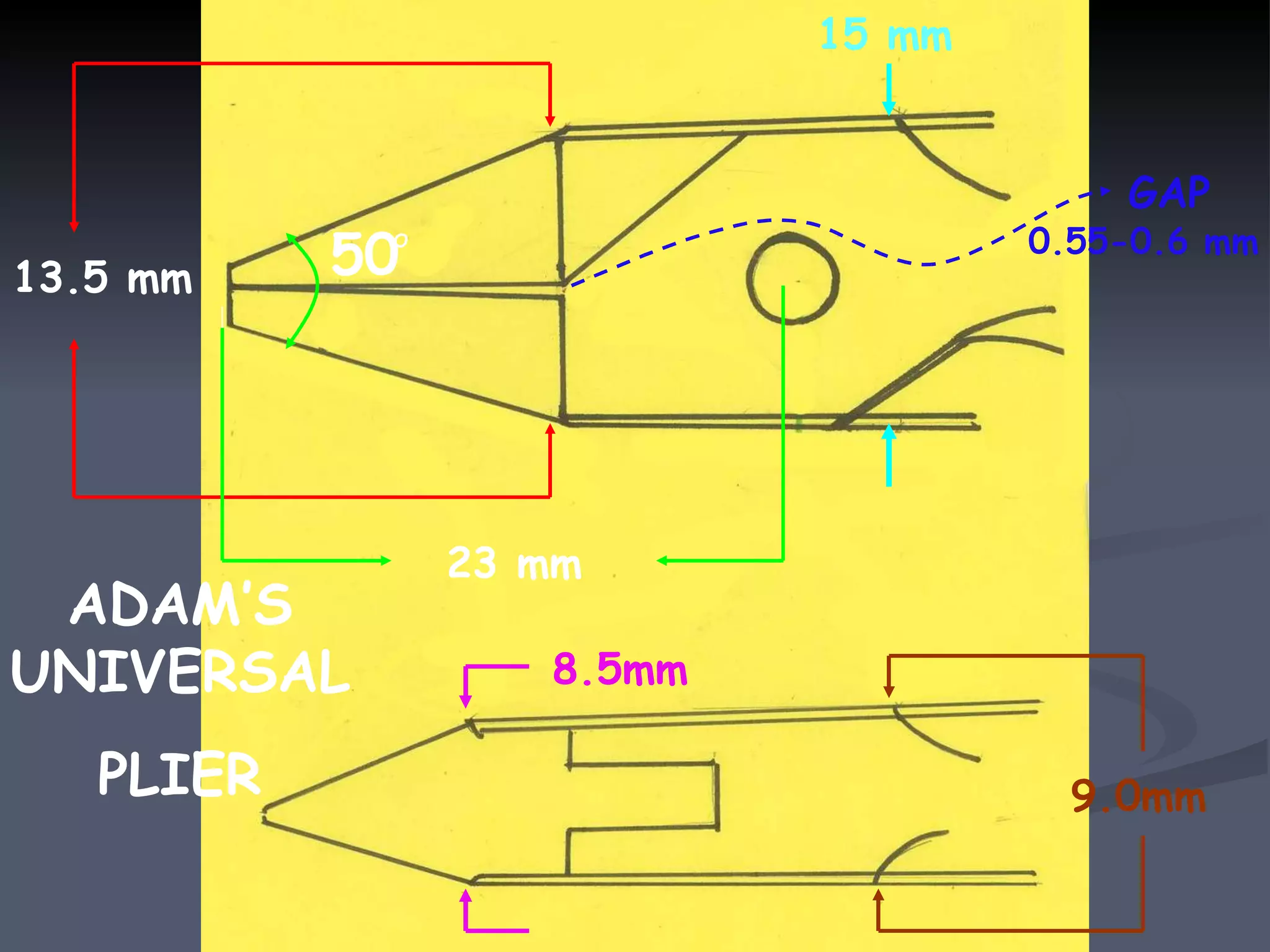 50 O 13.5 mm 23 mm GAP 0.55-0.6 mm 15 mm 8.5mm 9.0mm ADAM’S UNIVERSAL PLIER 