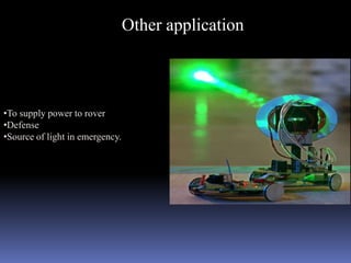 Our interest lies in transmission via LASER.Why to use wireless energy transmission via LASER for solar energy??Solar  power intensity is just- 137mW/cm2Long distance transmission possible.