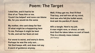 Poem: The Target
I shot him, and it had to be
One of us 'Twas him or me.
'Couln't be helped' and none can blame
Me, for yo...