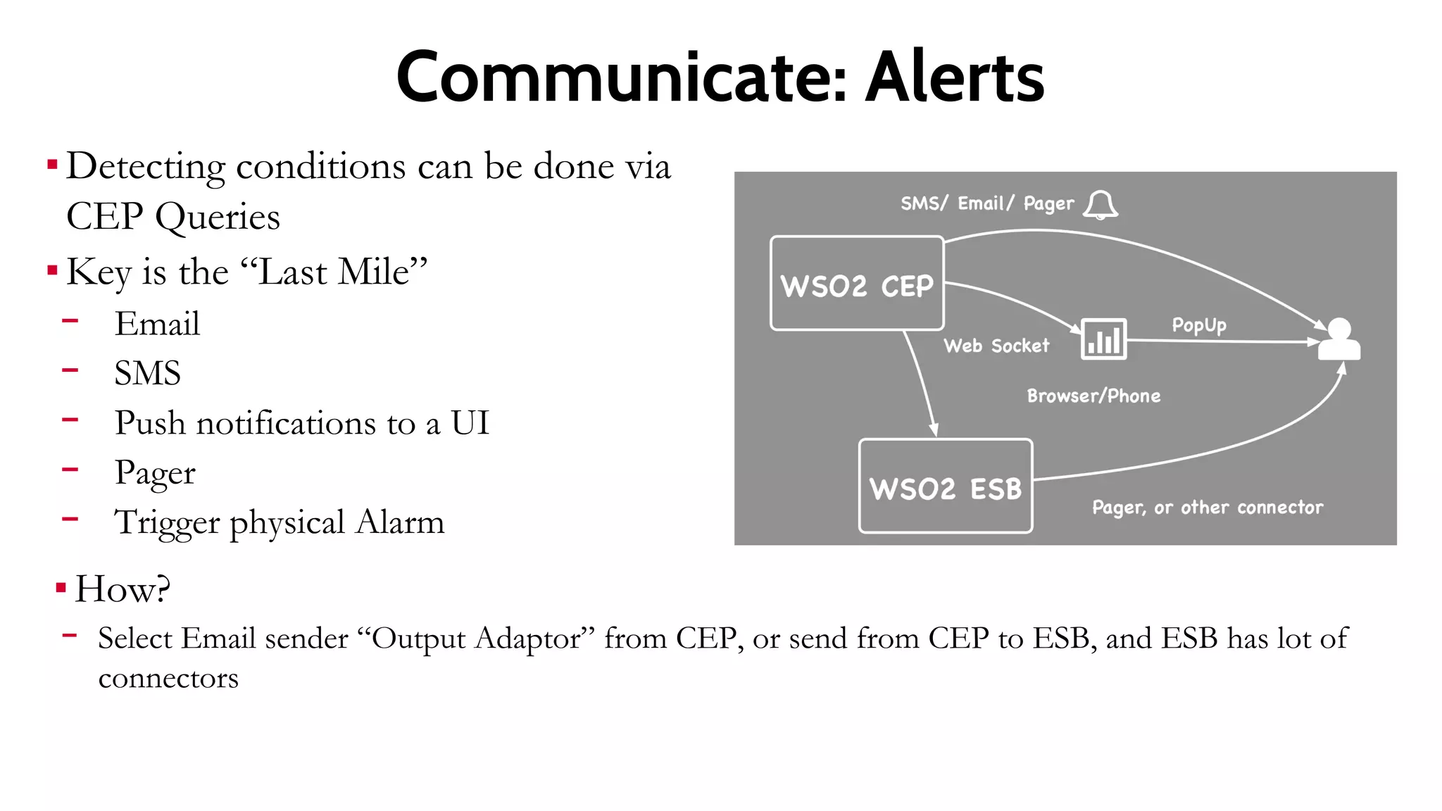 CEP Queries 1
 Calculate average temperature over a 1 minute sliding window
group by roomNo
Define Stream TempStream(roomNo string, temp double )
from TempStream#window.time(1 min)
select roomNo, avg(temp) as avgTemp
group by roomNo
insert all events into AvgRoomTempStream ;
 