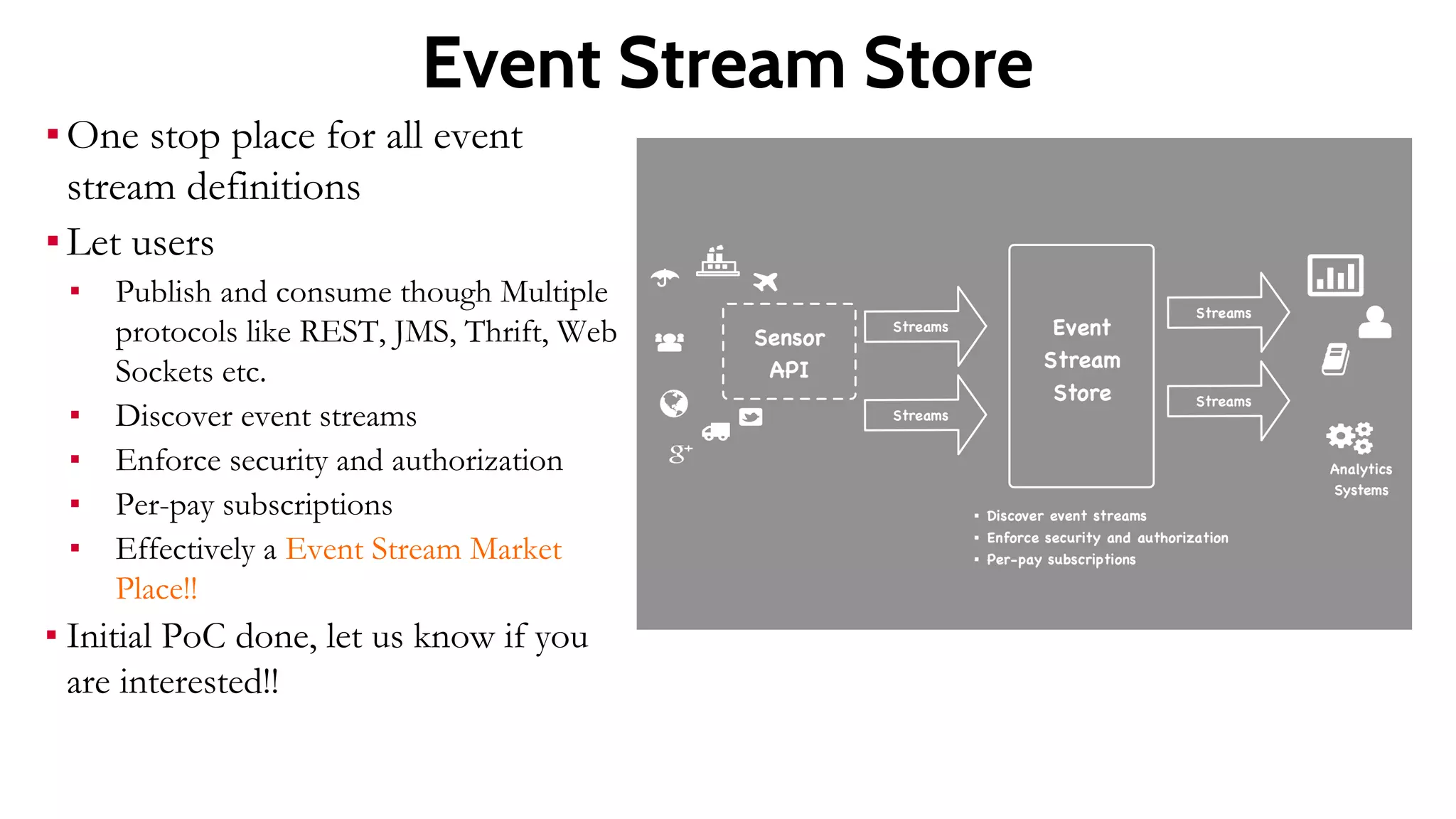 People
Tracking via
BLE
• Track people through BLE via
triangulation
• Higher level logic via Complex
Event Processing
• Traffic Monitoring
• Smart retail
• Airport management
 