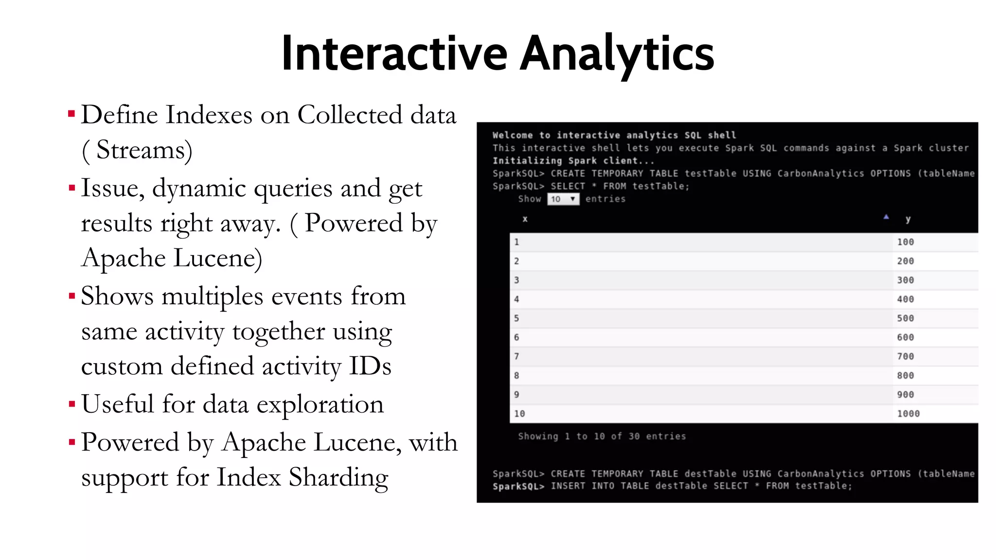 Analysis: Batch Analytics
• Batch analytics reads data from a disk ( or some other
storage) and process them record by record
• “MapReduce” is most widely used technology for batch
analytics
– Apache Hadoop
– Apache Spark 30X faster and much more flexible
• Analytics (Min, Max, average, correlation, histograms, might
join or group data in many ways)
• Key Performance indicators (KPIs)
– E.g. Profit per square feet for retail
• Presented as a Dashboard
 