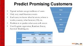 Predict Promising Customers
• Typical website can get millions of users
• Only very small fraction coverts
• Each user, we know what he access, where is
works, country, what browser, OS, etc.
• Problem is to predict what users will covert
• Used Logistic regression, Random Forest,
Survival Modeling etc.
 