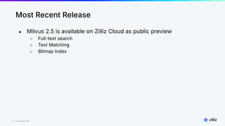 11 | © Copyright Zilliz
11
Most Recent Release
● Milvus 2.5 is available on Zilliz Cloud as public preview
○ Full-text search
○ Text Matching
○ Bitmap Index
 