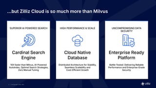 | © Copyright 2024 Zilliz
4
SUPERIOR AI POWERED SEARCH
Cardinal Search
Engine
10X faster than Milvus, AIPowered
AutoIndex, Optimal Search Strategies,
Zero Manual Tuning
HIGH PERFORMANCE & SCALE
Cloud Native
Database
Distributed Architecture for Stability,
Seamless Scalability and
Cost-Efficient Growth
UNCOMPROMISING DATA
SECURITY
Enterprise Ready
Platform
Battle-Tested: Delivering Reliable
Performance and Enterprise-Grade
Security
UNCOMPROMISING DATA
SECURITY
Enterprise Ready
Platform
Battle-Tested: Delivering Reliable
Performance and Enterprise-Grade
Security
…but Zilliz Cloud is so much more than Milvus
 