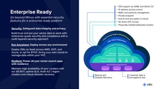 8 | © Copyright Zilliz
8
Enterprise Ready
Go beyond Milvus with essential security
features for a enterprise ready platform
Security: Safeguard data integrity and privacy
Build trust and put your vector data to work with
enterprise-grade security and compliance with a
multi-layered security approach
Run Anywhere: Deploy across any environment
Deploy Zilliz as SaaS across AWS, GCP, and
Azure, or opt for BYOC (bring your own cloud) to
manage data within your VPC
Resilient: Power all your vector search apps
with resilience
Maintain high availability of your clusters with
our 99.95% uptime SLA, multi-AZ / region
clusters and robust disaster recovery
• SSO support via SAML and OAuth 2.0
• RBAC and authority management
• End-to-end encryption in transit
• Physically isolated dedicated clusters
Backup and
Disaster Recovery
• IP address access control
• Private endpoint
• No direct VPC access
Customer data is
encrypted at rest
 