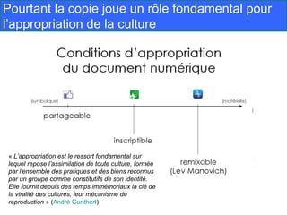Pourtant la copie joue un rôle fondamental pour
l’appropriation de la culture




« L’appropriation est le ressort fondamental sur
lequel repose l’assimilation de toute culture, formée
par l’ensemble des pratiques et des biens reconnus
par un groupe comme constitutifs de son identité.
Elle fournit depuis des temps immémoriaux la clé de
la viralité des cultures, leur mécanisme de
reproduction » (André Gunthert)
 