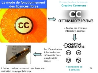 Le mode de fonctionnement                                  Exemple des licences
    des licences libres                                     Creative Commons




                                                                 « Tout ce qui n’est pas 
                                                                  interdit est permis »




                                           Pas d’autorisation 
                                           à demander tant 
                                           qu’on reste dans 
                                           le cadre de la 
                                           licence

                                                                  4 conditions et
Il faudra conclure un contrat pour lever une                                                64
                                                                     6 contrats
restriction posée par la licence
 
