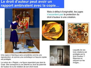 Le droit d’auteur peut avoir un
        rapport ambivalent avec la copie…
                                                                     Mais à défaut d’originalité, les juges
                                                                     n’accordent pas la protection du
                                                                     droit d’auteur à une création.
Copy Cat. Par BrightBurn. Source Flickr.




                                                                                                Laquelle de ces
                                                                                                trois créations est
        Une copie à l’identique sera considérée comme une                                       protégée par le
        reproduction, et comme une contrefaçon si l’œuvre copiée                                droit d’auteur ?
        est protégée.                                                                           Réponse en
                                                                                                cliquant sur les
        La notion de « Plagiat » ne figure cependant pas dans le                                images…
        Code. Elle correspond à une atteinte au droit de paternité
        de l’auteur et à une violation de son droit moral.
 