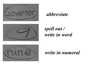 abbreviate
write in numeral
spell out /
write in word
 