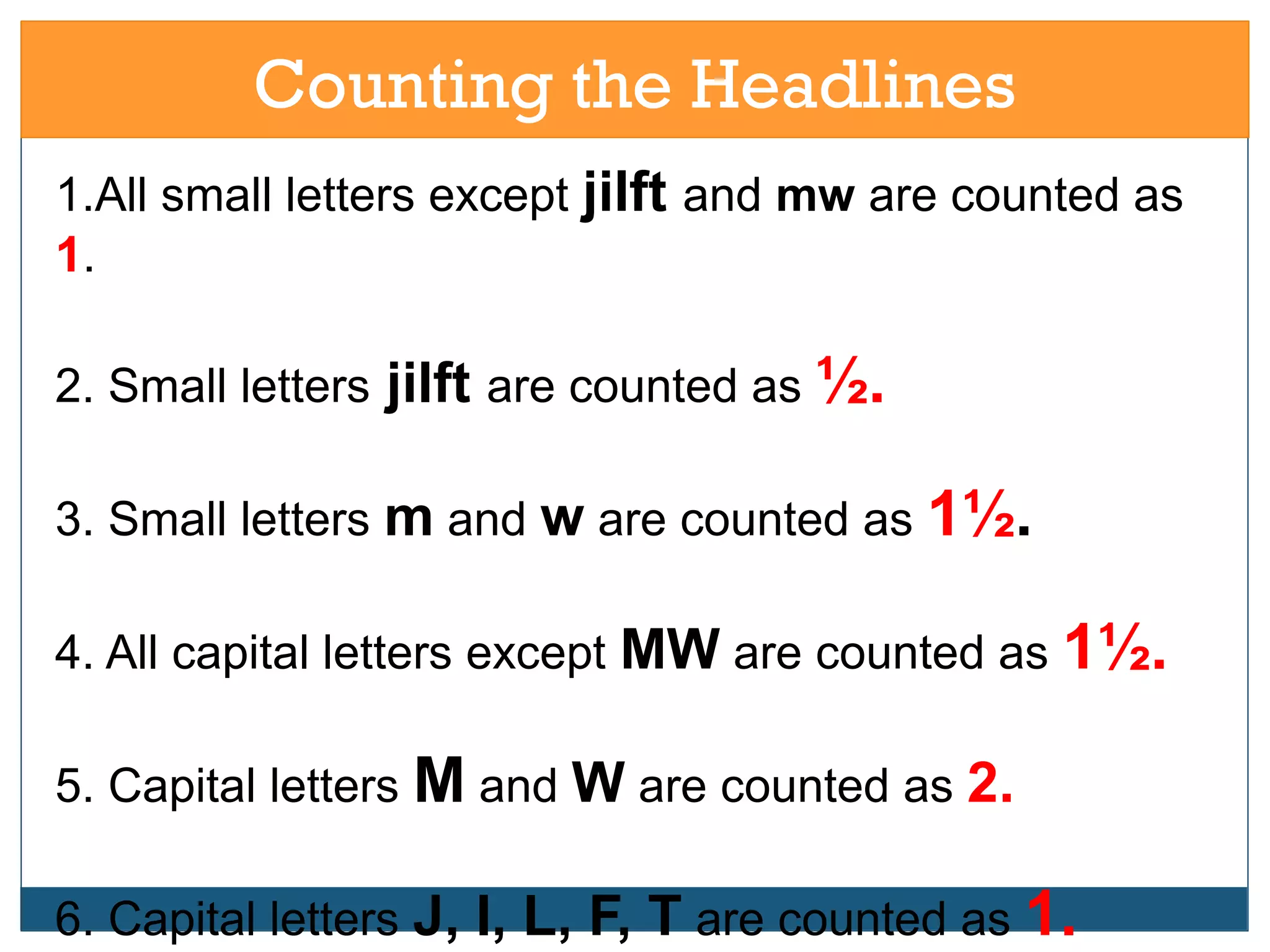 Counting the Headlines
1.All small letters except jilft and mw are counted as
1.
2. Small letters jilft are counted as ½.
3. Small letters m and w are counted as 1½.
4. All capital letters except MW are counted as 1½.
5. Capital letters M and W are counted as 2.
6. Capital letters J, I, L, F, T are counted as 1.
 