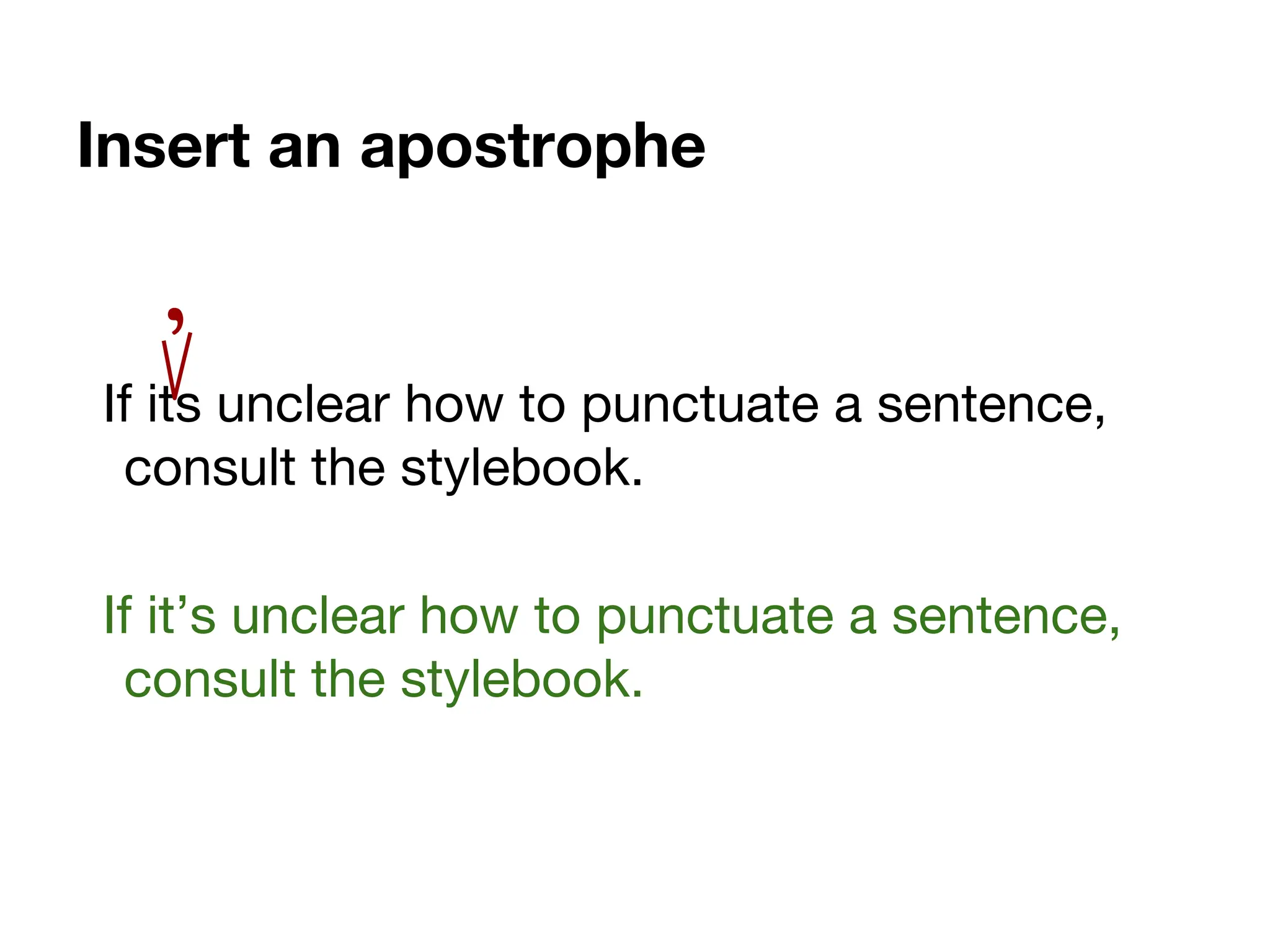 Insert an apostrophe
If its unclear how to punctuate a sentence,
consult the stylebook.
If it’s unclear how to punctuate a sentence,
consult the stylebook.
’
 
