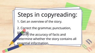 Steps in copyreading:
1. Get an overview of the story.
2. Correct the grammar, punctuation,
spelling.
3. Verify the accuracy of facts and
determine whether the story contains all
essential information.
 