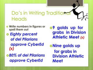 Do’s in Writing Traditional
Heads
 Write numbers in figures or
spell them out
 Eighty percent
of del Pilarians
approve CyberEd
(x)
80% of del Pilarians
approve CyberEd
9 golds up for
grabs in Division
Athletic Meet (x)
Nine golds up
for grabs in
Division Athletic
Meet
 