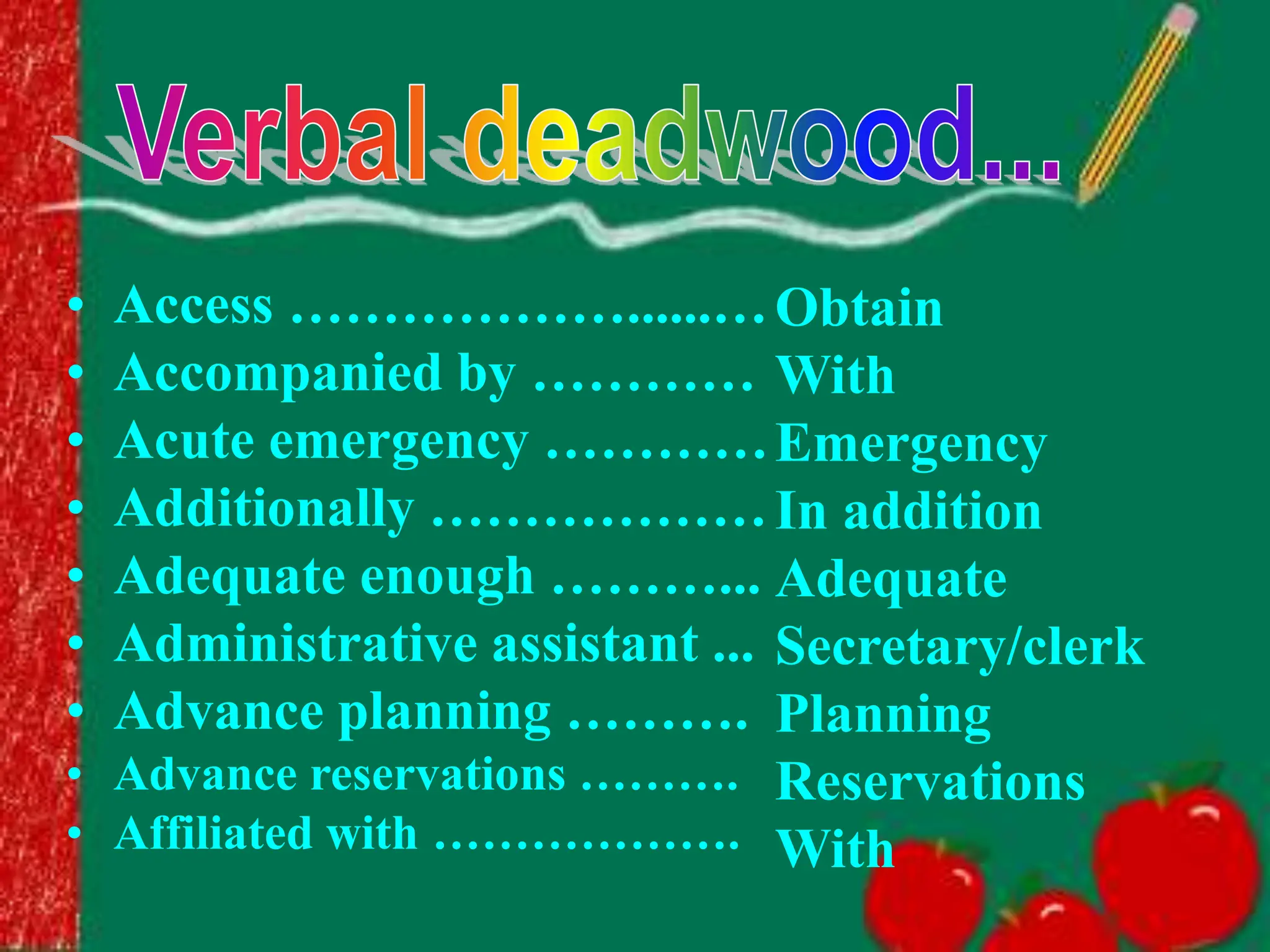 • Access ………………......…
• Accompanied by …………
• Acute emergency …………
• Additionally ………………
• Adequate enough ………...
• Administrative assistant ...
• Advance planning ……….
• Advance reservations ……….
• Affiliated with ……………….
Obtain
With
Emergency
In addition
Adequate
Secretary/clerk
Planning
Reservations
With
 