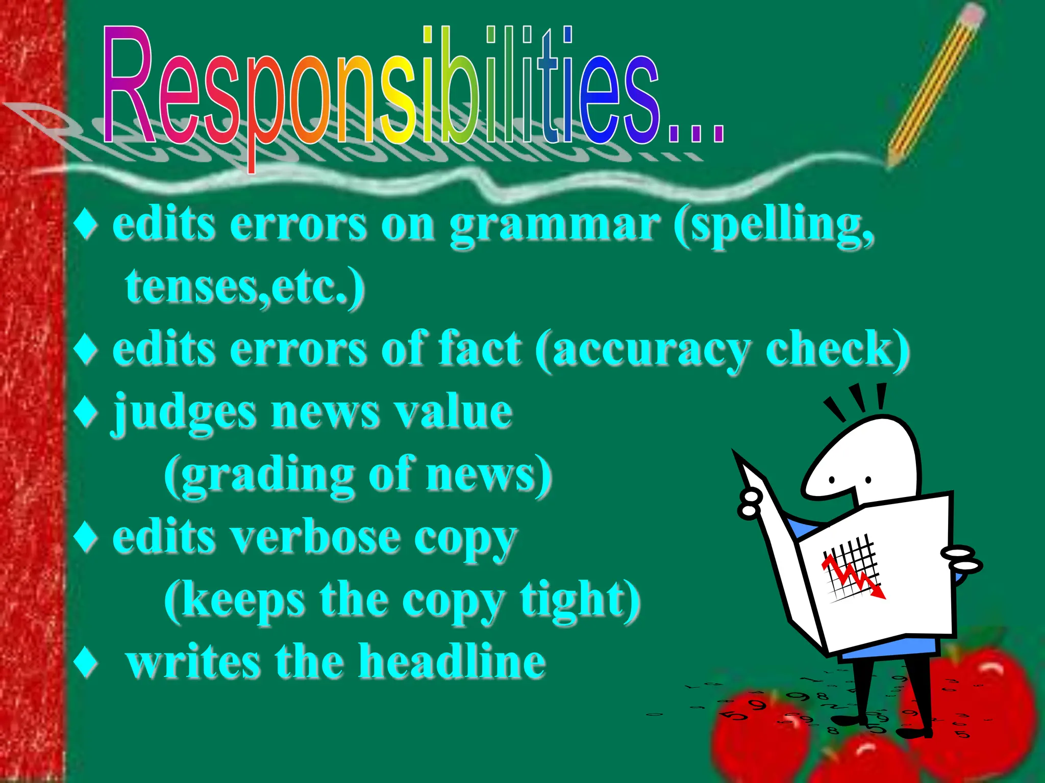 ♦ edits errors on grammar (spelling,
tenses,etc.)
♦ edits errors of fact (accuracy check)
♦ judges news value
(grading of news)
♦ edits verbose copy
(keeps the copy tight)
♦ writes the headline
 