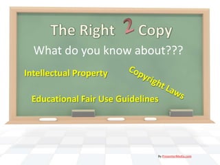 2 The Right Copy What do you know about??? Intellectual Property Copyright Laws Educational Fair Use Guidelines By PresenterMedia.com 