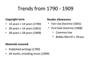 Trends from 1790 - 1909 Copyright term 14 years + 14 years (1790) 28 years + 14 years (1831) 28 years + 28 years (1909) Materials covered Published writings (1790) All works, including music (1909) Fair Use Doctrine (1841) First Sale Doctrine (1908) Common law Bobbs-Merrill v. Straus Reader allowances 