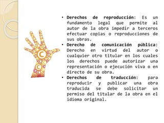 • Derechos de reproducción: Es un 
fundamento legal que permite al 
autor de la obra impedir a terceros 
efectuar copias o reproducciones de 
sus obras. 
• Derecho de comunicación pública: 
Derecho en virtud del autor o 
cualquier otro titular en los cuales 
los derechos puede autorizar una 
representación o ejecución viva o en 
directo de su obra. 
• Derechos de traducción: para 
reproducir y publicar una obra 
traducida se debe solicitar un 
permiso del titular de la obra en el 
idioma original. 
 
