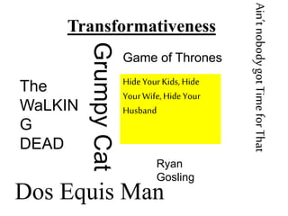 Transformativeness
HideYour Kids, Hide
Your Wife,HideYour
Husband
Ain’tnobodygotTimeforThat
Dos Equis Man
Ryan
Gosling
GrumpyCat
Game of Thrones
The
WaLKIN
G
DEAD
 