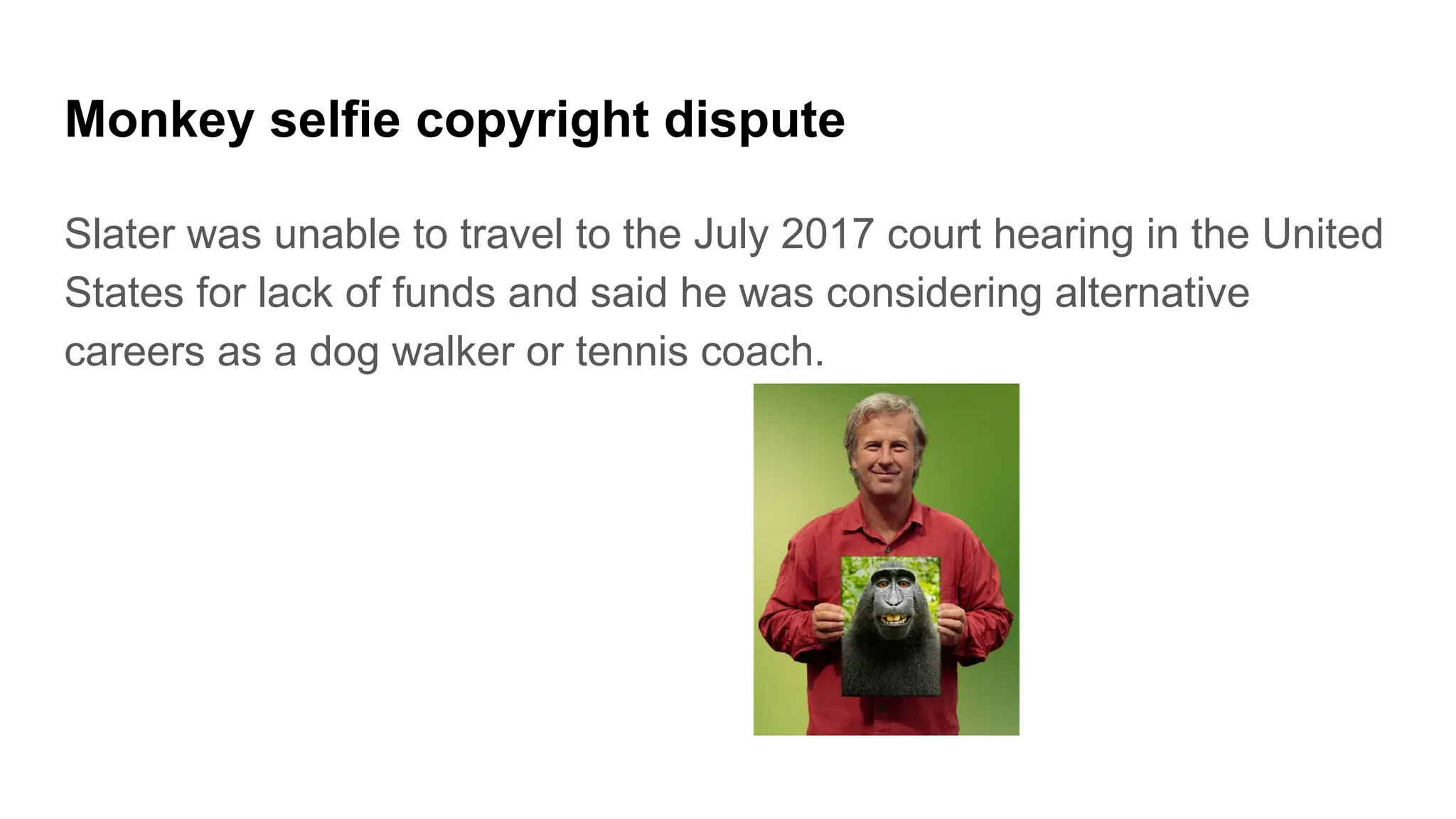 Monkey selfie copyright dispute
Slater was unable to travel to the July 2017 court hearing in the United
States for lack of funds and said he was considering alternative
careers as a dog walker or tennis coach.
 